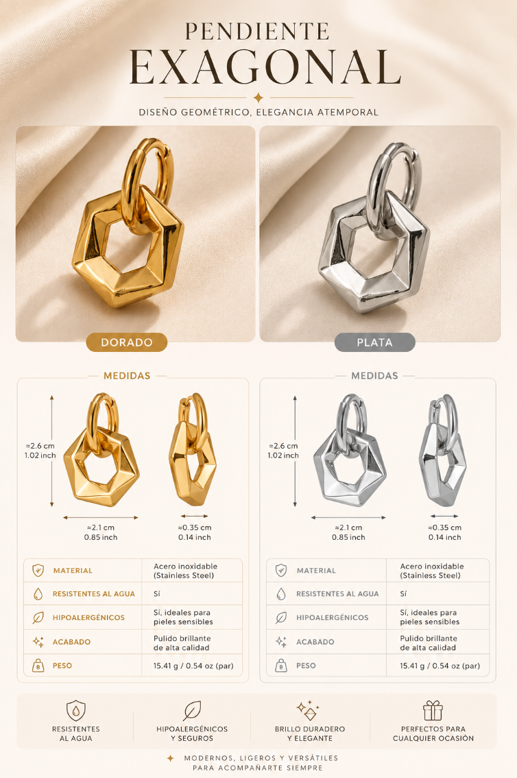 Pendiente Exagonal  Chapado en Oro 18k y stail Steel