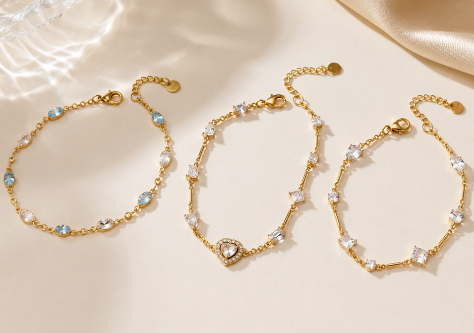 Pulsera Elegante Fina en Chapado Oro 18k Circonitas /Azules