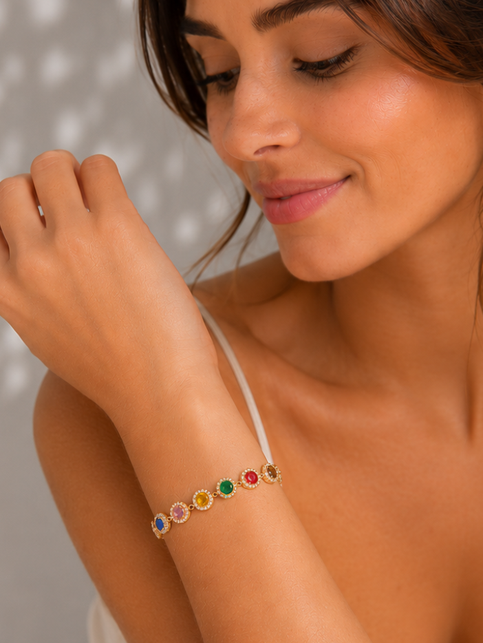 Pulsera de Brillos Multicolor Circonita Chapado en Oro 18k