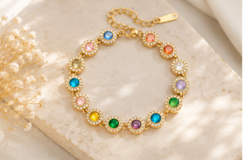 Pulsera de Brillos Multicolor Circonita Chapado en Oro 18k
