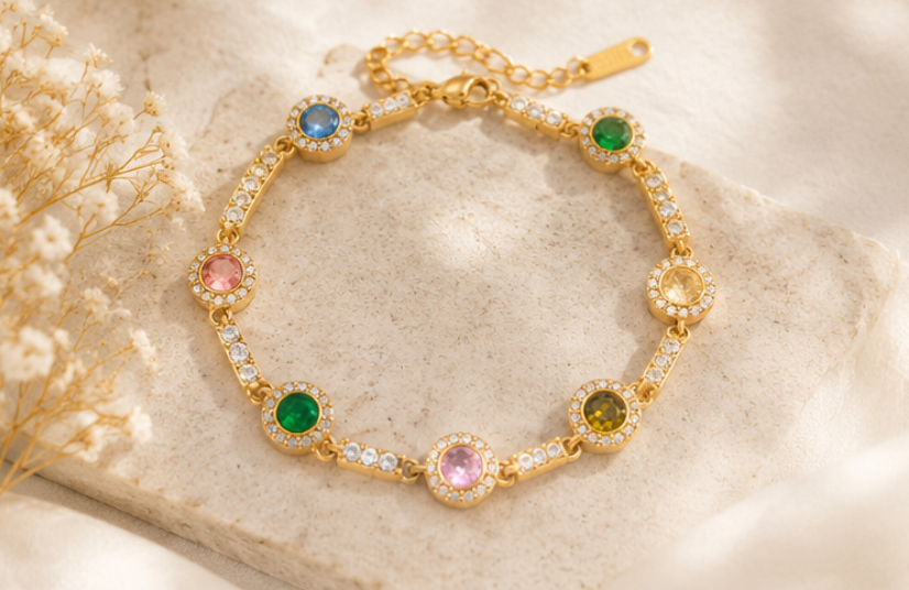 Pulsera de Brillos Multicolor Circonita Chapado en Oro 18k