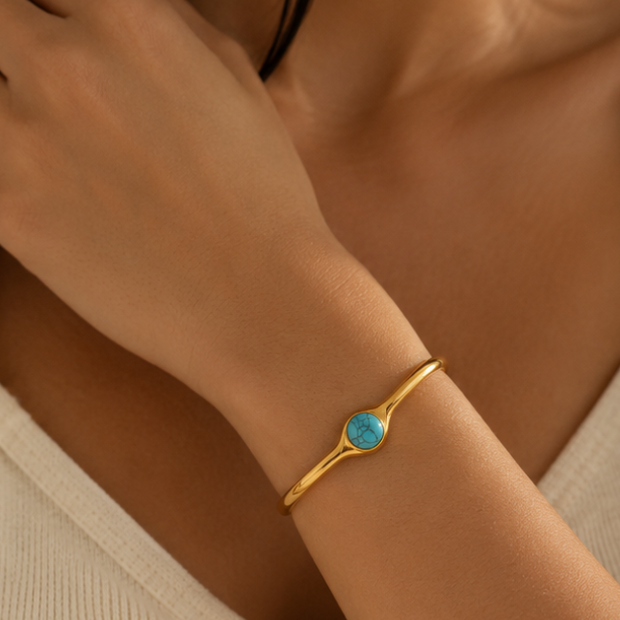 Pulsera con Piedra Natural Ojo de Tigre / Turquesa  Chapado  en Oro 18k