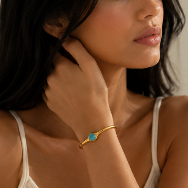 Pulsera con Piedra Natural Ojo de Tigre / Turquesa  Chapado  en Oro 18k