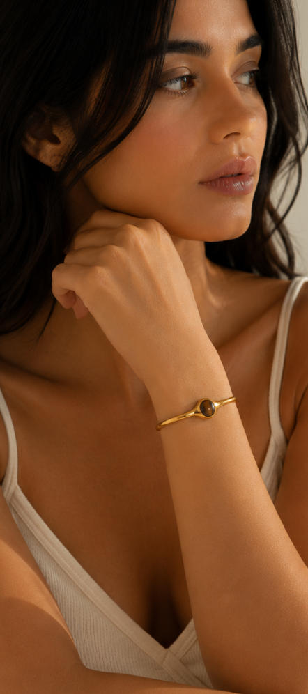Pulsera con Piedra Natural Ojo de Tigre / Turquesa  Chapado  en Oro 18k
