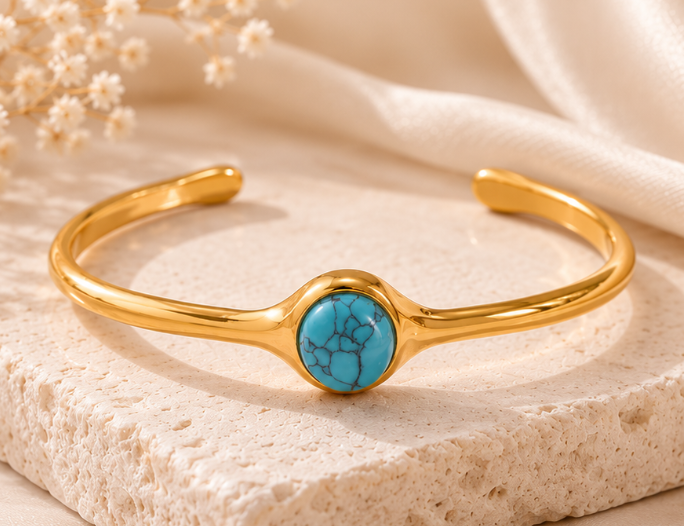 Pulsera con Piedra Natural Ojo de Tigre / Turquesa  Chapado  en Oro 18k