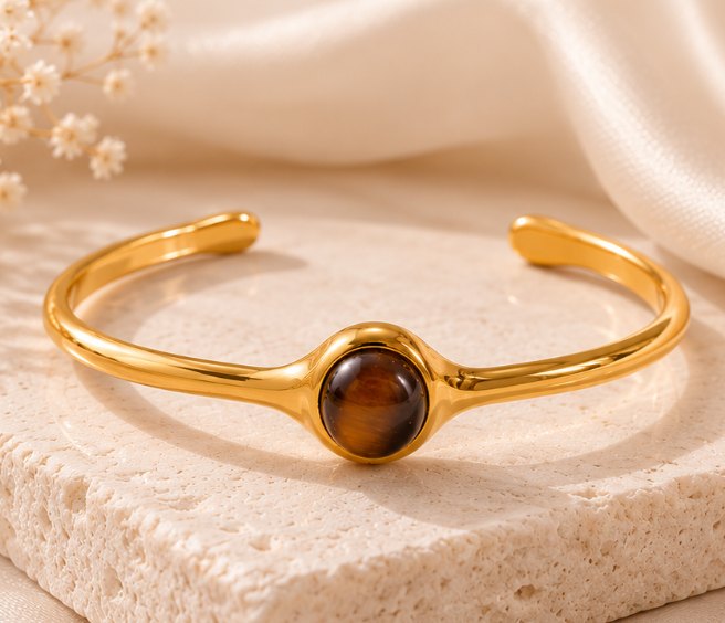 Pulsera con Piedra Natural Ojo de Tigre / Turquesa  Chapado  en Oro 18k