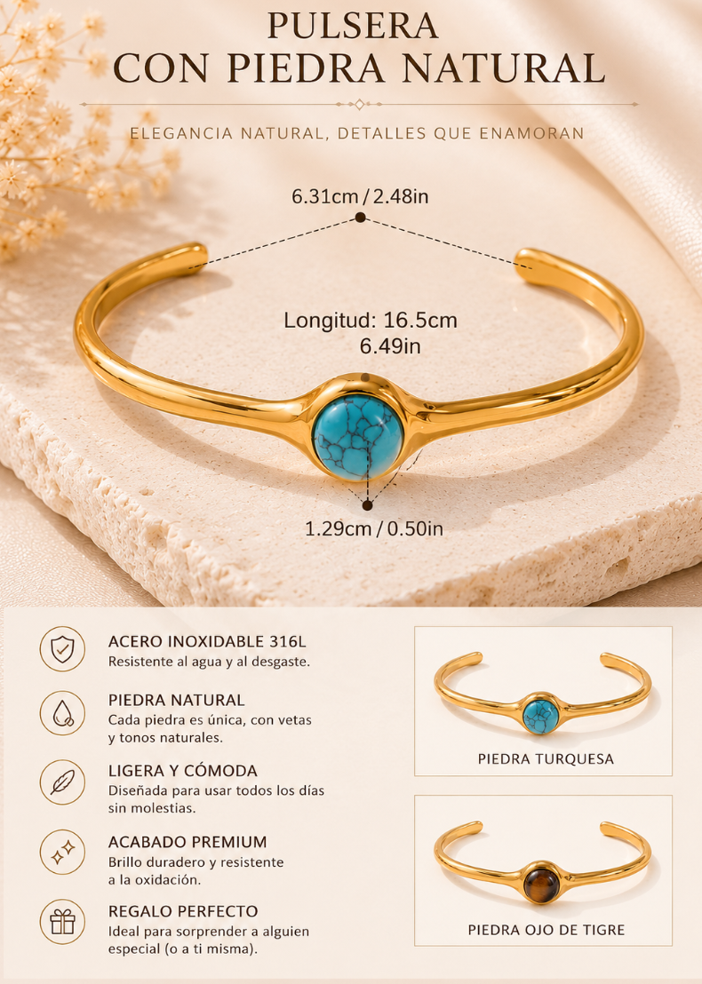 Pulsera con Piedra Natural Ojo de Tigre / Turquesa  Chapado  en Oro 18k