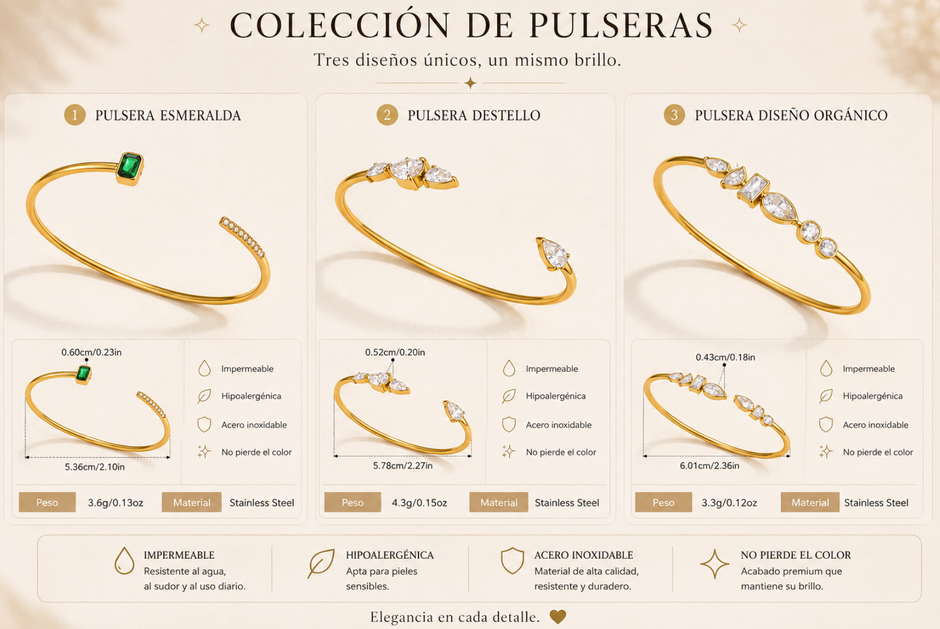 Coleccion Pulseras Brillantes y Esmeralda  Chapado Oro 18k