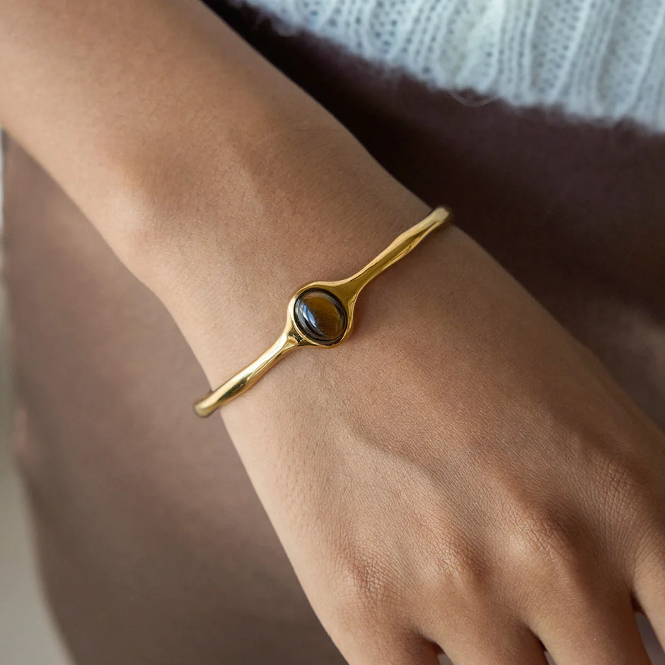 Brazalette de piedra Marron Tierra / Turques Oceano Chapado  en Oro 18k